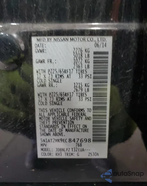 2014 Nissan Rogue S z USA, uszkodzony, nr VIN 5N1AT2MK9EC847698